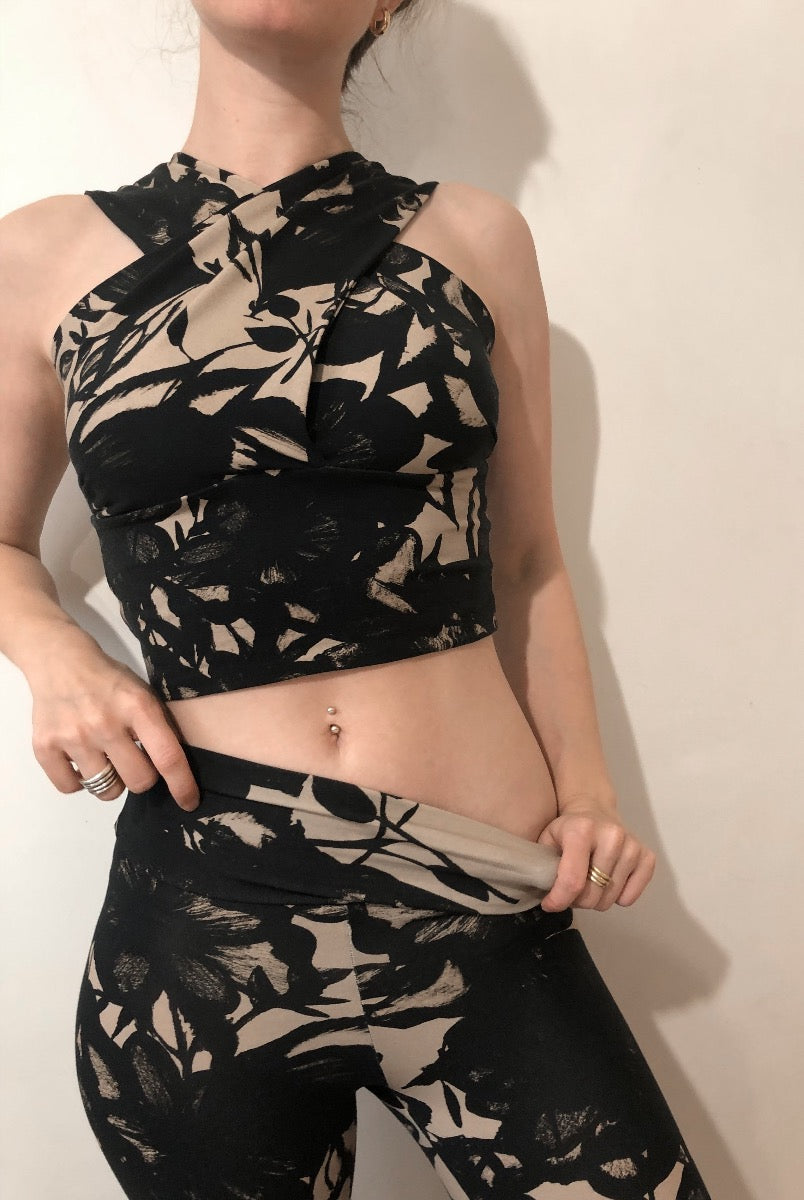 Cotton draped top made from cotton with handpainted flower prints. Super soft material feeling free to move in this elegant and supoortive top. perfect for yin yoga and yoga